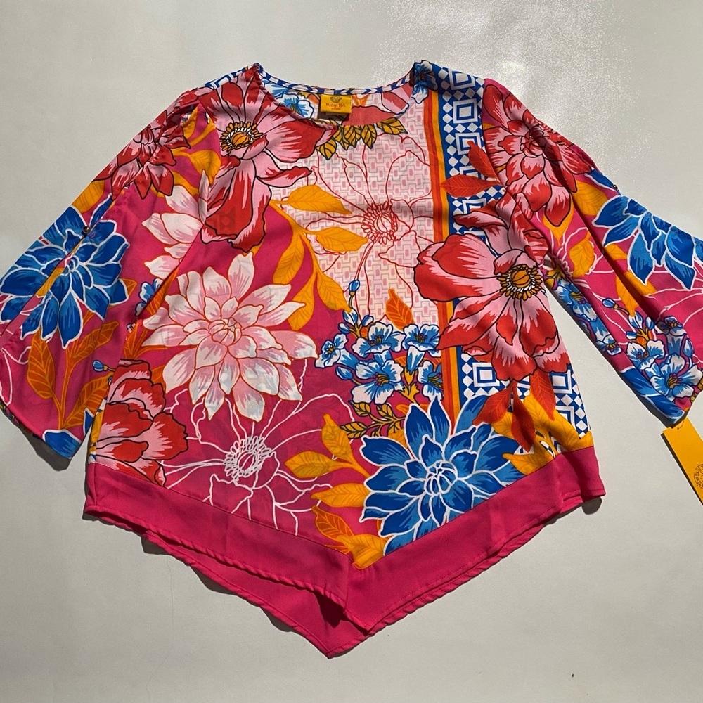 NEW Petite SIze PM Ruby Rd. Bright Blooms 3/4 Sleeve Floral Geo Print Blouse $65 - Picture 2 of 11